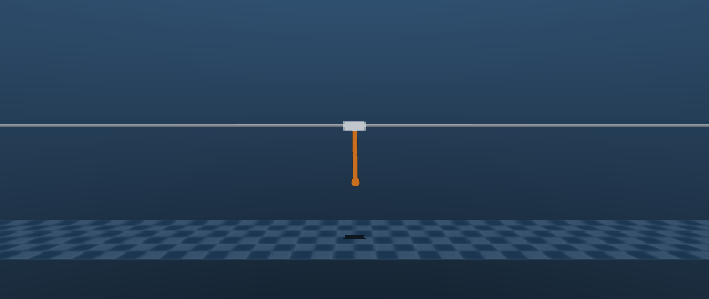 MuJoCo cart-pole starting hanging downward, pumping energy to swing up, then caught and balanced by the zero-shot LQR gain